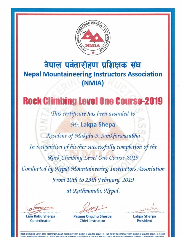 NMIA - ROCK CLIMBING COURSE 1 - 2019